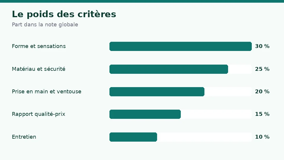 Le poids des cinq critères pour un gode : forme et sensations 30 %, matériau et sécurité 25 %, prise en main et ventouse 20 %, rapport qualité-prix 15 % et entretien et autonomie 10 %
