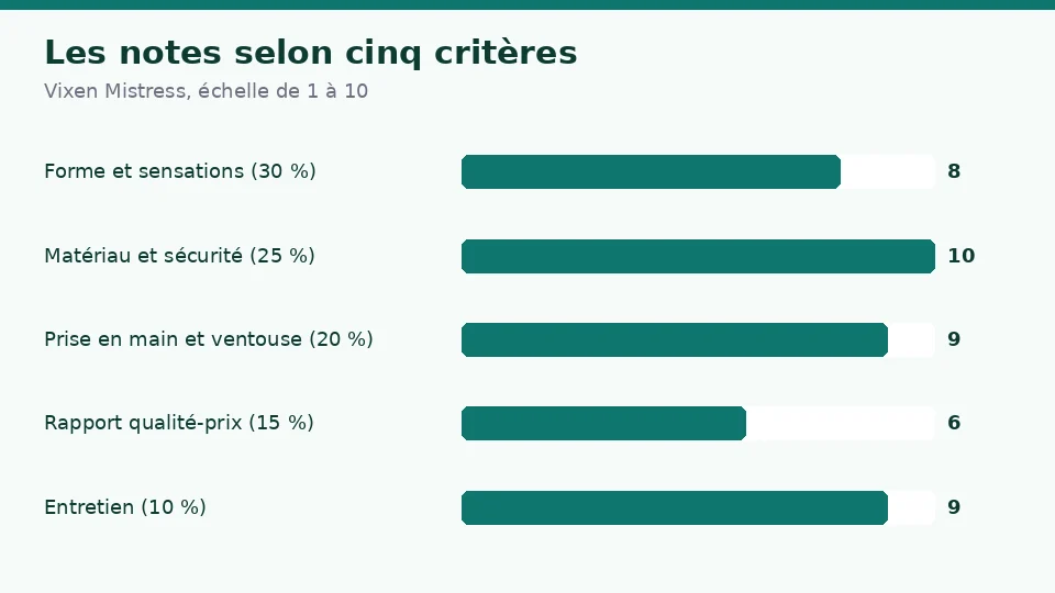 Notes de Vixen Mistress selon cinq critères : 8 pour la stimulation et la forme, 10 pour le matériau et la sécurité, 9 pour la prise en main, 6 pour le rapport qualité-prix et 9 pour l’entretien et l’autonomie