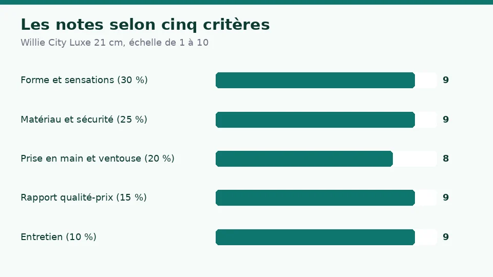 Notes de Willie City Luxe 21 cm selon cinq critères : 9 pour la stimulation et la forme, 9 pour le matériau et la sécurité, 8 pour la prise en main, 9 pour le rapport qualité-prix et 9 pour l’entretien et l’autonomie