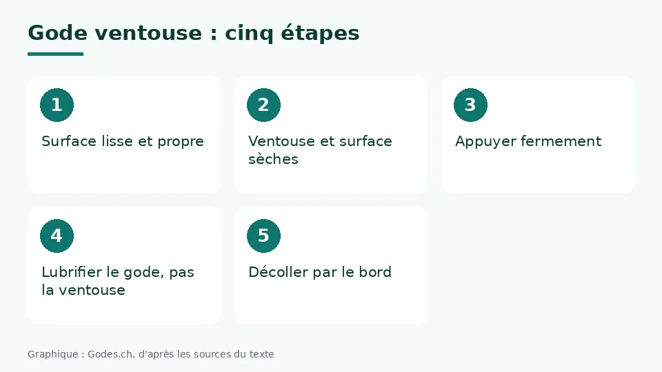 Utiliser un gode ventouse en cinq étapes : surface lisse et propre, ventouse sèche, appuyer fermement, lubrifier le gode mais pas la ventouse, décoller par le bord